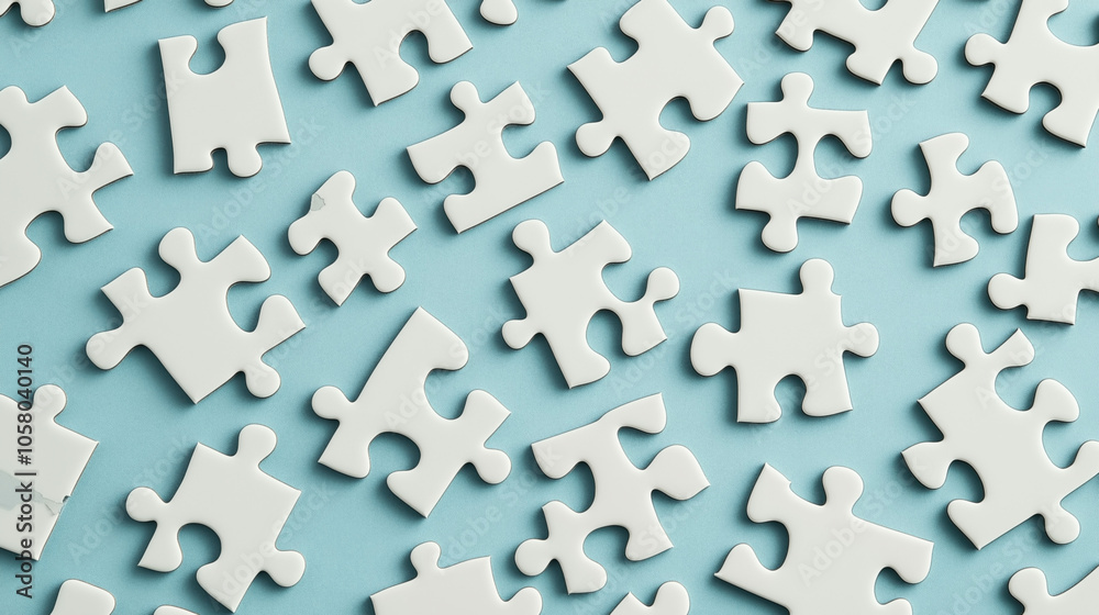 Scattered white puzzle pieces on a light blue background, creating a pattern with negative space for a playful and abstract composition. Scattered white puzzle pieces on a light blue background, creating a pattern with negative space for a playful and abstract composition.