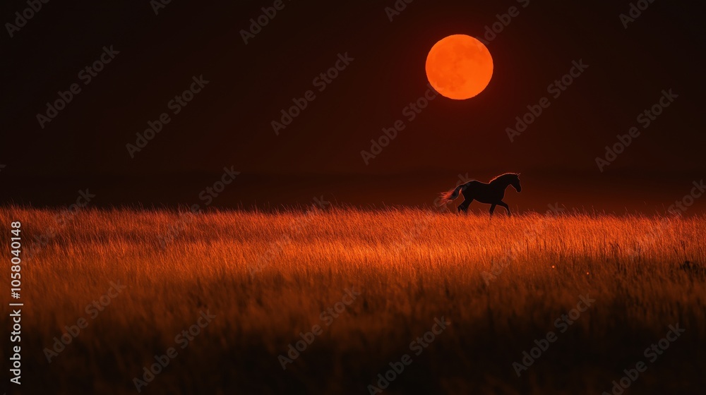 Fototapeta premium A solitary horse walking through tall grass under a vibrant orange sunset.