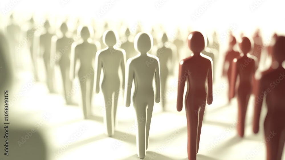 A diverse group of abstract figures walking forward, representing unity, diversity, and collective progress in a conceptual setting. A diverse group of abstract figures walking forward, representing unity, diversity, and collective progress in a conceptual setting.
