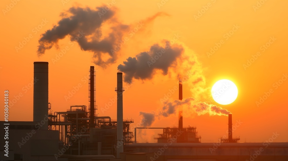 Industrial chimneys emitting smoke against orange sunset sky, environmental pollution and climate change concept Industrial chimneys emitting smoke against orange sunset sky, environmental pollution and climate change concept