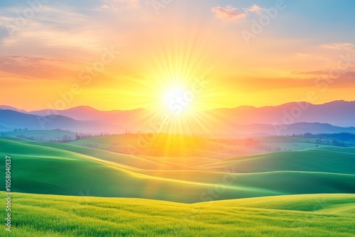 Majestic sunrise over rolling green hills bathed in warm golden light capturing the serene beauty of dawn in a countryside landscape with a gentle ambiance