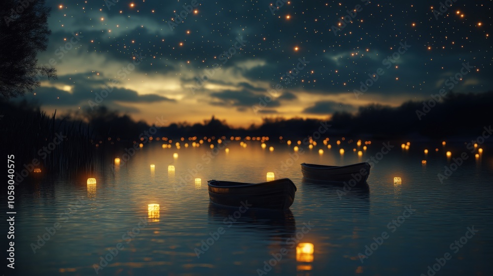 A serene river scene with glowing lanterns and boats under a starry sky. A serene river scene with glowing lanterns and boats under a starry sky.