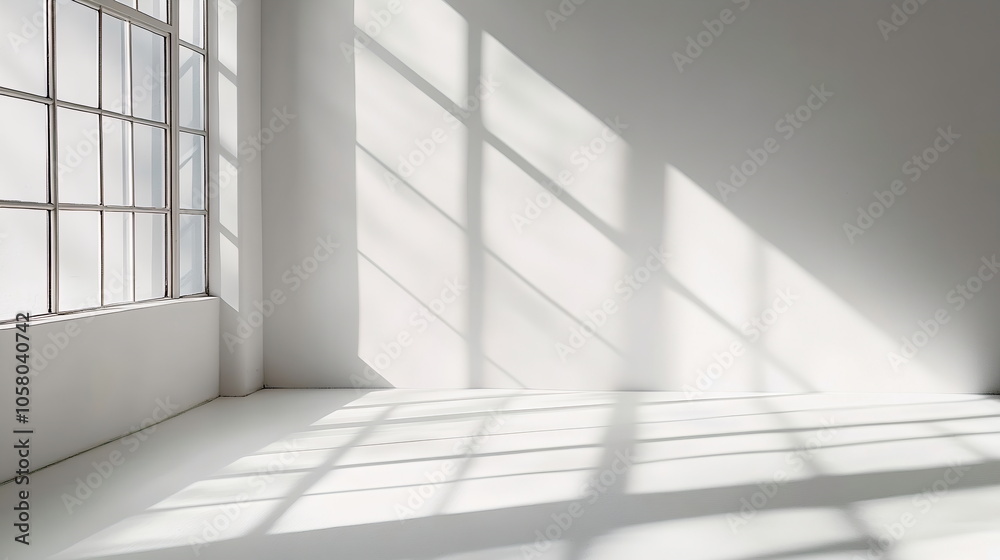 Shadow pattern from blinds on a smooth white wall. Sunlight streaming into a bright, modern room with minimalist decor. Product presentation. Display product with blurred backdrop. Shadow pattern from blinds on a smooth white wall. Sunlight streaming into a bright, modern room with minimalist decor. Product presentation. Display product with blurred backdrop.