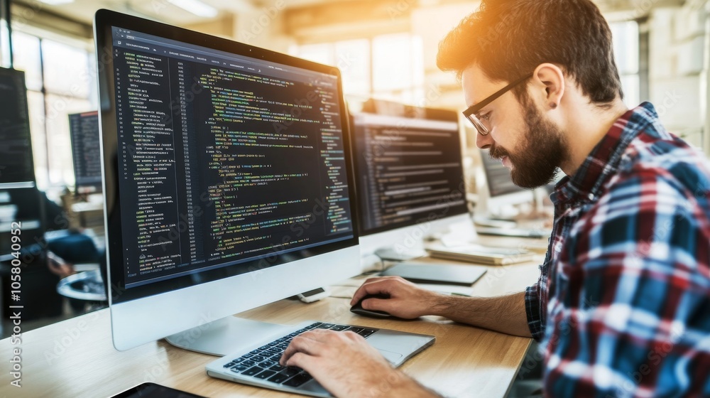 A focused programmer working on code at a computer in a modern office setting with natural light streaming in. A focused programmer working on code at a computer in a modern office setting with natural light streaming in.