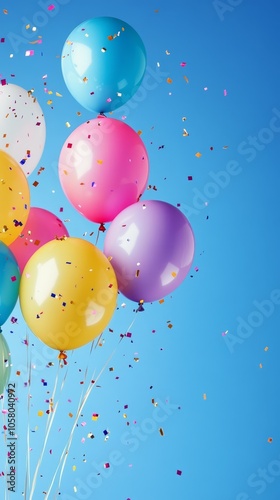 Colorful Balloons with Confetti Flying Against a Bright Blue Sky