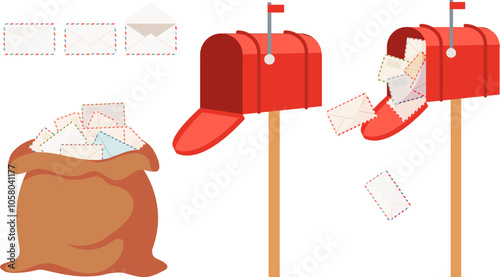 Set of postal envelopes. Santa Claus's bag of letters. Red mailbox with flying closed envelopes. Hand drawn vector illustration. World Post Day