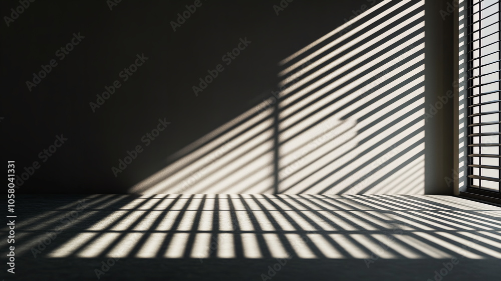 Strong shadows from window blinds on a dark gray wall. Crisp sunlight creating sharp contrasts in a modern, empty room. Product presentation. Display product with blurred backdrop. Strong shadows from window blinds on a dark gray wall. Crisp sunlight creating sharp contrasts in a modern, empty room. Product presentation. Display product with blurred backdrop.