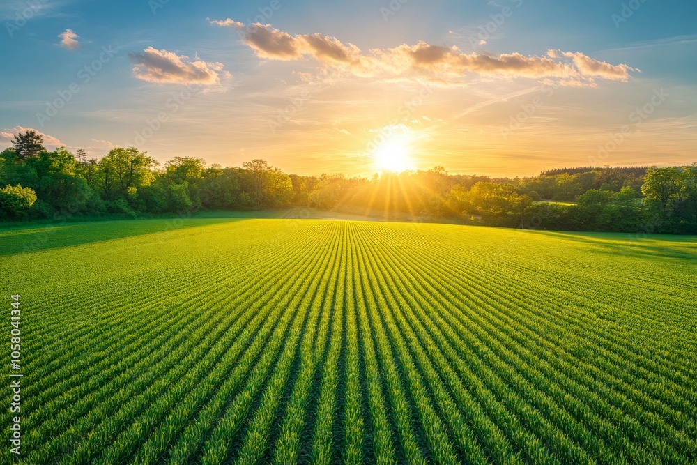 Vast green field under a warm sunset displaying rows of evenly spaced crops representing a tranquil rural landscape and the golden beauty of an agricultural setting Vast green field under a warm sunset displaying rows of evenly spaced crops representing a tranquil rural landscape and the golden beauty of an agricultural setting