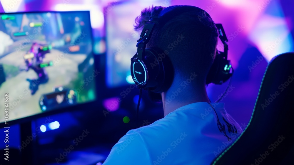 A gamer immersed in a colorful gaming environment, wearing headphones while playing video games on dual monitors. A gamer immersed in a colorful gaming environment, wearing headphones while playing video games on dual monitors.