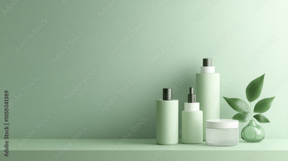 Elegant green cosmetic bottles and jar on minimalist shelf against soft green wall - skincare product presentation mockup Elegant green cosmetic bottles and jar on minimalist shelf against soft green wall - skincare product presentation mockup