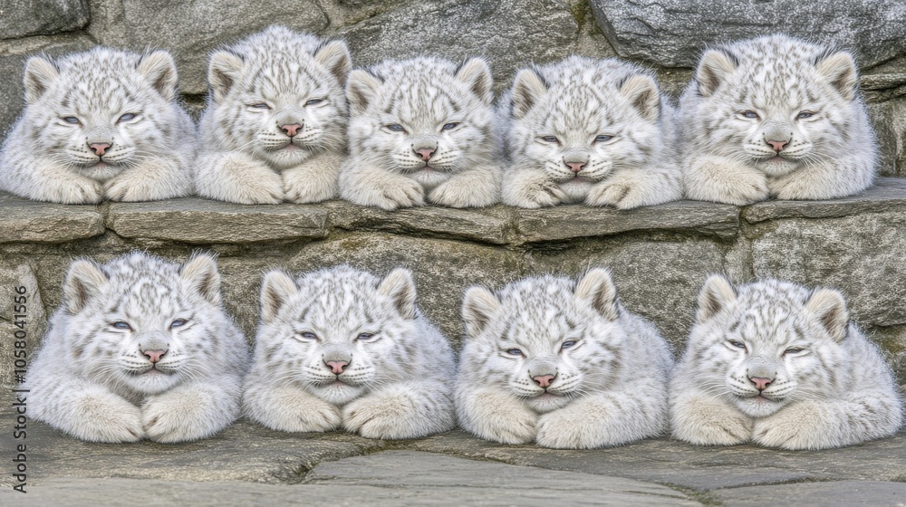 A group of adorable snow leopard cubs resting peacefully on a stone ledge, showcasing their fluffy white fur and serene expressions.