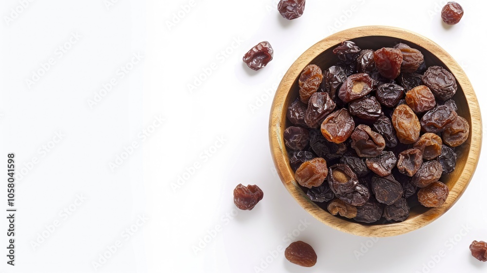 Dried grapes in wooden bowl on white backdrop, above view. Space for text. Dried grapes in wooden bowl on white backdrop, above view. Space for text.