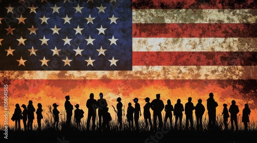 Silhouette of Diverse People against an American Flag Background