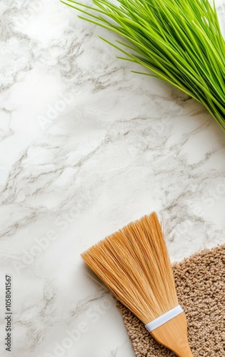 A brown broom vigorously sweeps dust off a sleek white marble floor near a contrasting circular doormat, creating a clean atmosphere. photo