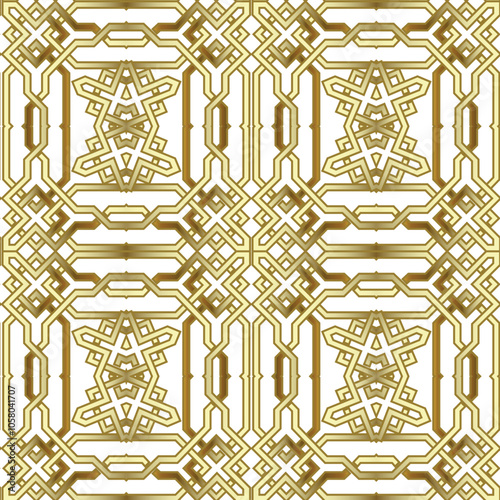 Luxury gold grid celtic arabesque style ornate seamless pattern. Vector ornamental gold and white background. Repeat backdrop. Modern braided intricate glowing ornaments. Endless patterned  texture.