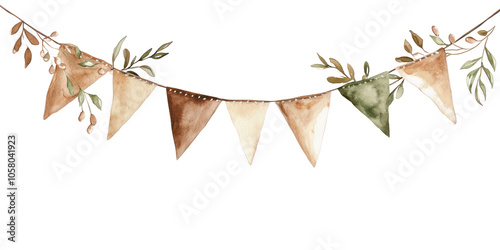 PNG Cute bunting with brown and green flags watercolor leaves leaf. photo