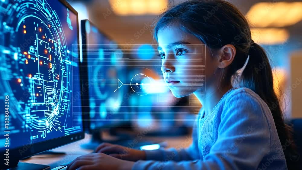 A young school student intently works on a computer, utilizing AI artificial intelligence technology and machine learning tools. The classroom is equipped with innovative technolog