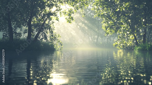 a?? Serene water surface reflecting sunlight, creating a tranquil atmosphere.