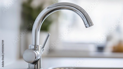 A sleek, chrome kitchen faucet with a curved spout and modern design.