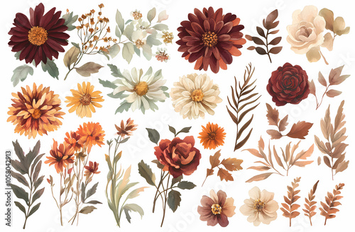 Autumnal Floral Collection: A curated set of watercolor autumn flowers and leaves, perfect for adding a touch of fall elegance to your designs.  