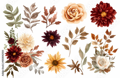 Autumnal Floral Collection: A curated set of watercolor illustrations featuring autumnal flowers, leaves, and foliage in rich burgundy, peach, and gold hues. photo