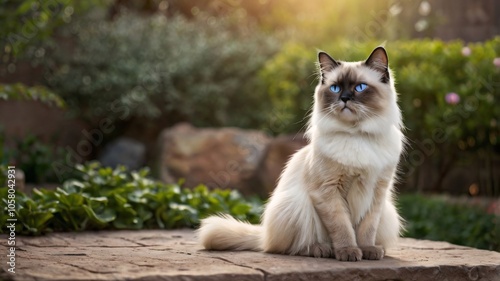 Majestic Ragdoll Cat Basking in the Golden Garden Glow