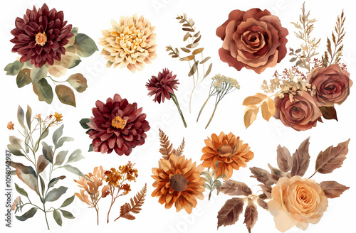 Autumnal Floral Collection: A curated set of watercolor flowers and leaves in warm autumnal hues, perfect for fall-themed designs and projects.