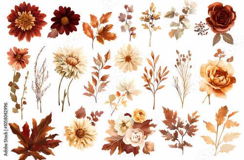 Autumnal Floral Collection: A curated set of watercolor autumn flowers and leaves in earthy tones, perfect for fall-themed designs and projects.