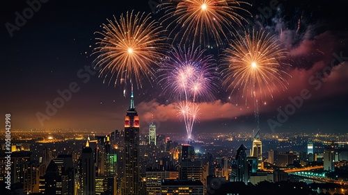 Colorful Fireworks Over City Skyline at Night