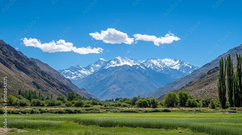 Obraz premium Majestic Mountain Landscape with Lush Green Fields and Clear Blue Sky