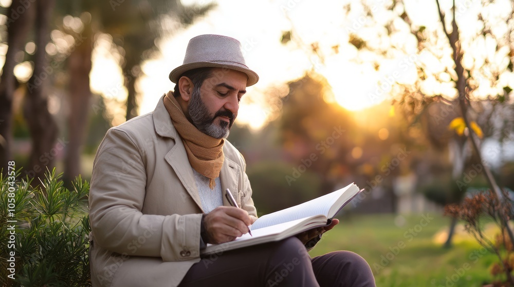 Fototapeta premium Thoughtful Man Reading Journal in a Park at Sunset