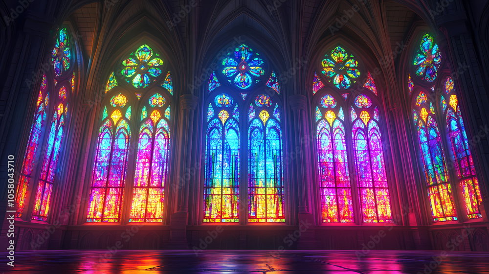 Obraz premium Realistic 3d digital painting of a vibrant gothic stained glass cathedral window. concept digital art, gothic architecture, stained glass, 3d painting, cathedral window. Gothic Cathedral. Illustration