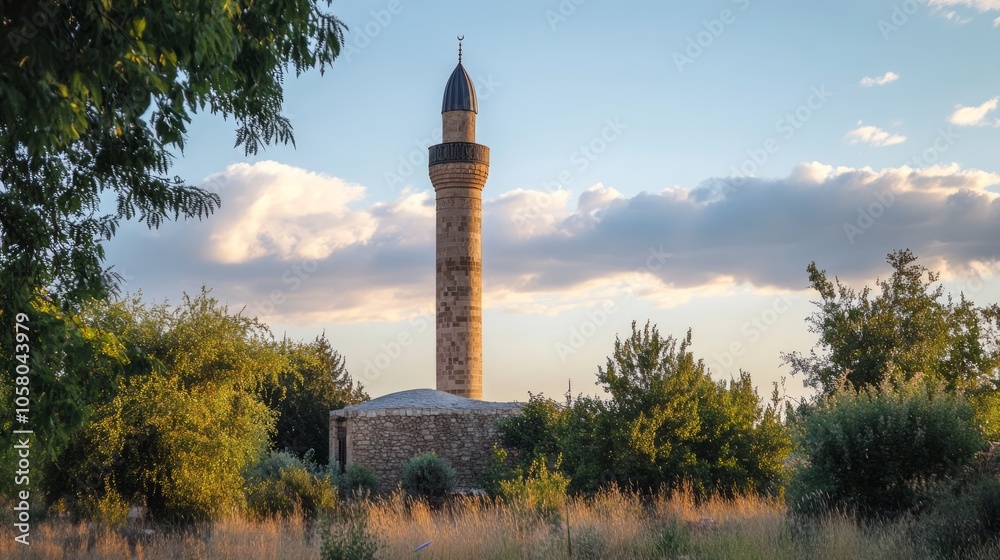 Obraz premium Historic Minaret Surrounded by Lush Greenery at Sunset