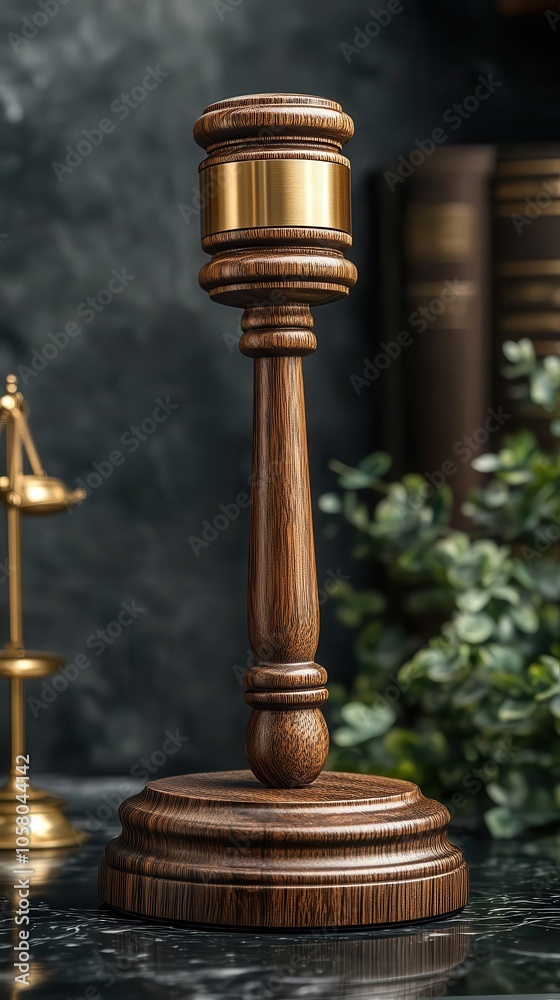 realistic wooden judges gavel symbolizing justice displayed on a glossy surface with a golden stand conveying authority and legal integrity realistic wooden judges gavel symbolizing justice displayed on a glossy surface with a golden stand conveying authority and legal integrity