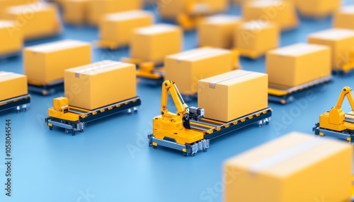 Automated robots transport boxes on conveyor belts in a warehouse.