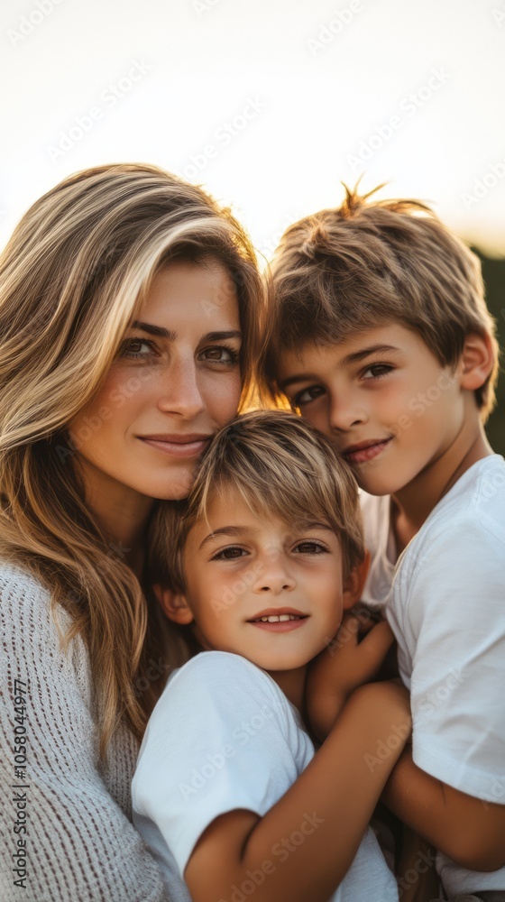 Loving Family Portrait with Mother and Two Sons in Natural Light Loving Family Portrait with Mother and Two Sons in Natural Light