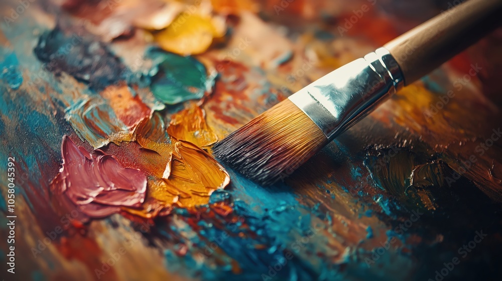 Fototapeta premium A close-up of a painter's palette with vibrant colors and a brush resting on it.