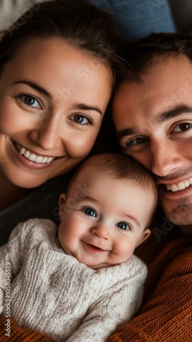 Happy Family Portrait with Smiling Parents and Baby