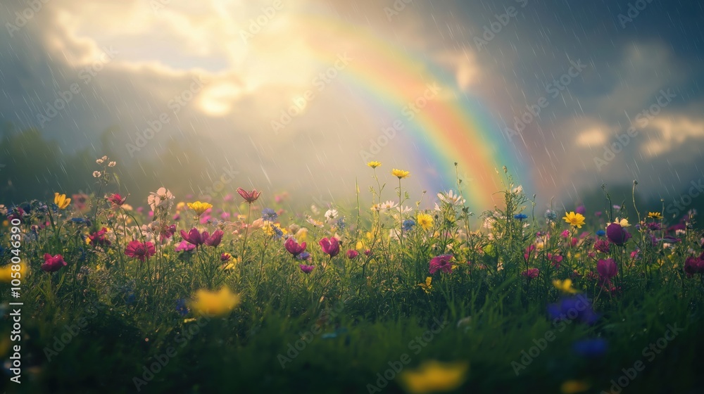 Naklejka premium A vibrant rainbow arches over a colorful field of blooming flowers under a rainy sky.
