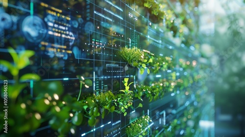 Green plants growing on vertical farm with digitalization data visualized by augmented reality graphic user interface for agriculture industry photo