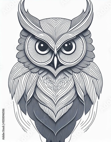 Intricate line art illustration of an owl with large eyes and detailed feathers. photo