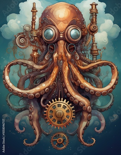 A steampunk octopus with goggles and gears.  A surreal and creative illustration. photo