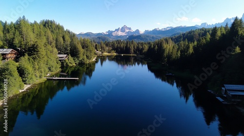 Tranquil mountain lake with wooden cabins, reflecting a majestic peak and lush green forest.