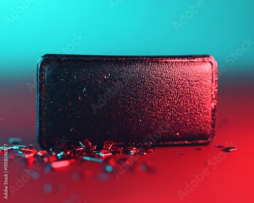 Black textured rectangle with scattered metallic pieces on red and blue background.