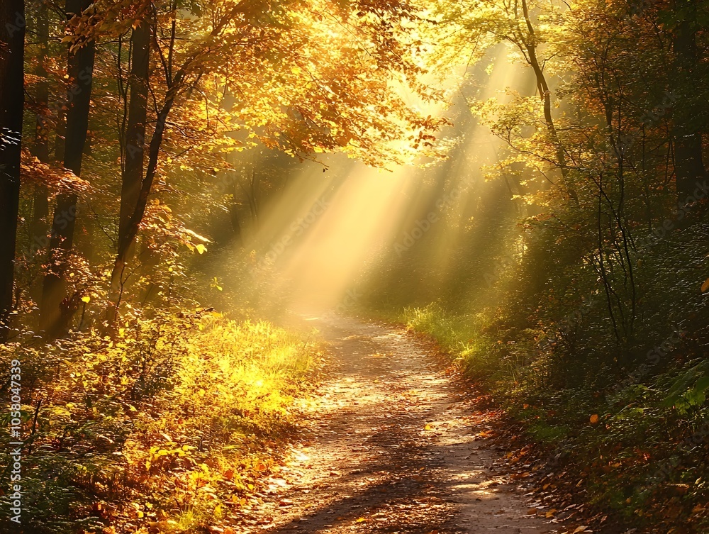 Naklejka premium An autumn forest path sunbeams breaking through
