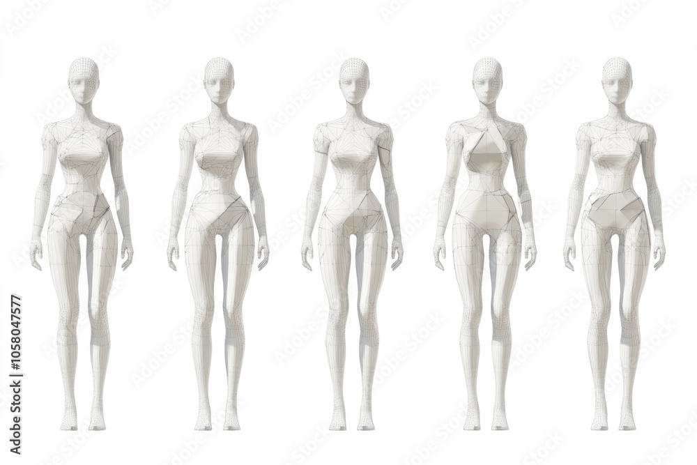Five stylized mannequins stand in a row, each showcasing a futuristic, geometric design with precise lines and neutral tones, representing modern conceptual art.