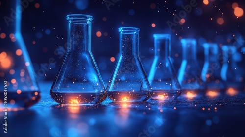 Row of glowing chemical flasks with blue and orange liquids in a dark lab, science experiment, laboratory innovation, chemistry glassware, illuminated scientific research