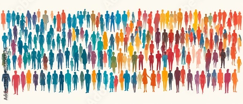 Crowd of simple, diverse people with colorful silhouettes, different skin tones and ages on a white background, showing community and inclusivity