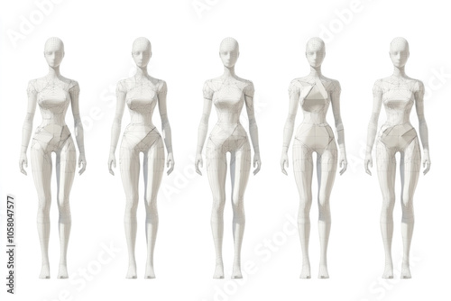 Five stylized mannequins stand in a row, each showcasing a futuristic, geometric design with precise lines and neutral tones, representing modern conceptual art.