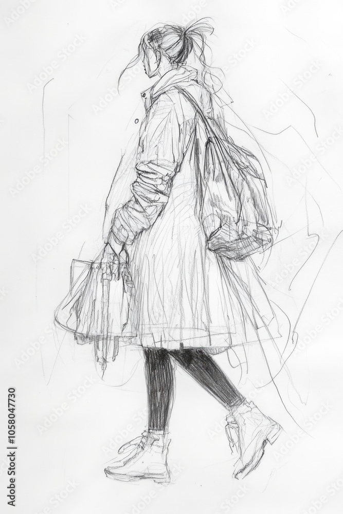 A relaxed pencil sketch of a woman dressed comfortably with layered attire, showcasing a realistic city life vibe as she strolls with a handbag on her shoulder. A relaxed pencil sketch of a woman dressed comfortably with layered attire, showcasing a realistic city life vibe as she strolls with a handbag on her shoulder.